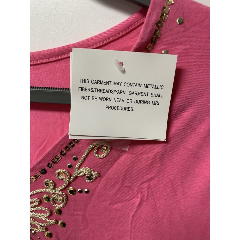 Belle Kim Gravel Cotton Stretch Embroidered Bling Top Pink Large NEW - Picture 6 of 13